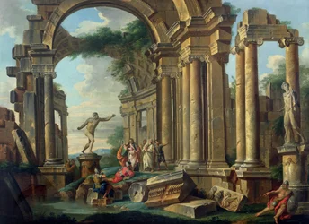 Ein architektonisches Capriccio mit Statuen des Kriegers Agasias und des Apollo Belvedere